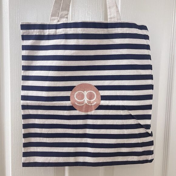 Gorjana Blue and Off-White Striped Canvas Logo Reusable Shopping Tote Bag - Picture 9 of 11